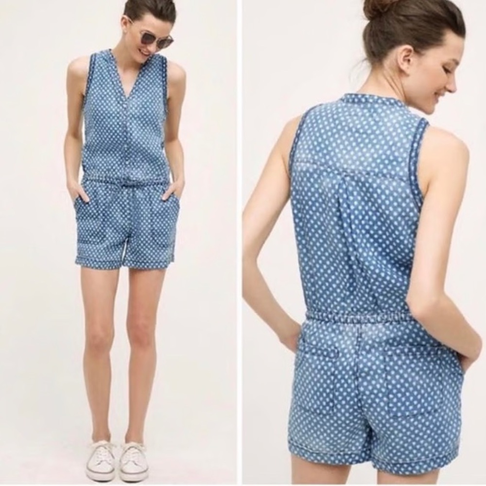 Hei Hei Anthropologie Romper Blue Polka Dot Linen Sleeveless Button Front Small
